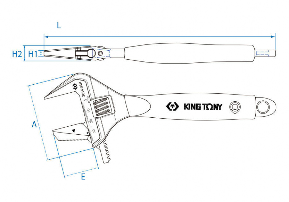 Ключ разводной 212 х 38 мм, с изменяемой губкой KING TONY 3614-08R